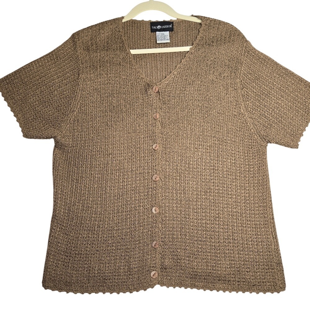 Sag Harbor Silk‎ Blend Cardigan Tan Short Sleeve Knit Sweater V-Neck T93585 L